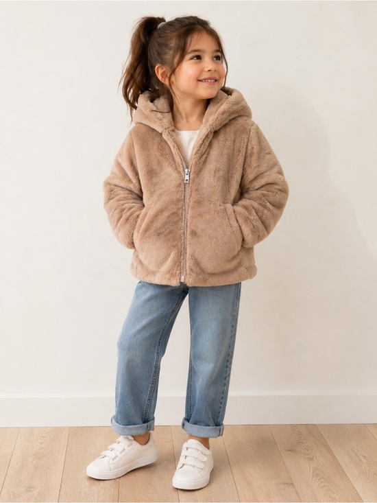 Zara Other - Zara Kids Tan Faux Fur Hooded Jacket Size 13-14 Cozy Puffer Neutral